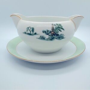 Vintage Narumi Gravy Boat - Fine Chine Green Willow Pagoda